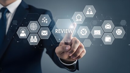 Business professional interacting with digital review interface