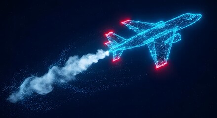Futuristic Blue Wireframe Airplane Flying with Smoke Trail Representing Advanced Aviation and Aerospace Technology
