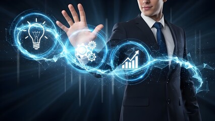 Businessman interacting with digital innovation and growth icons