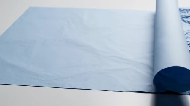 A heavily wrinkled sheet of delicate pastel blue paper is smoothly ironed out and flattened by an invisible force, removing all the harsh creases creases, smooth motion, background