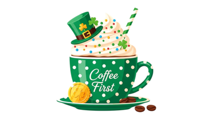 St Patricks Day coffee mug with whipped cream and leprechaun hat