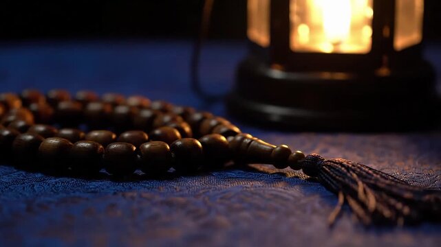 Prayer beads illuminated by a lantern's warm glow on a serene surface