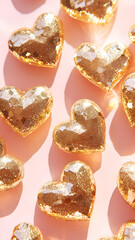 Golden heart shapes with glitter on a pink background. Sweet love concept for Valentine's Day greeting card or romantic celebration.