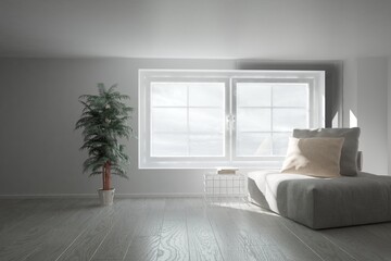 modern room with sofa,table with book and plant in flowerpot interior design. 3D illustration