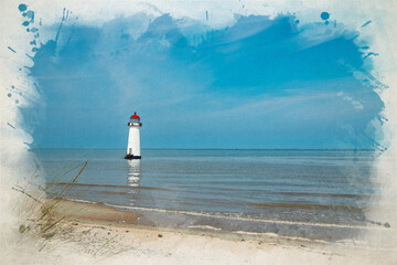 Digital watercolour painting of Point of Ayr Lighthouse, Talacre beach, Wales.