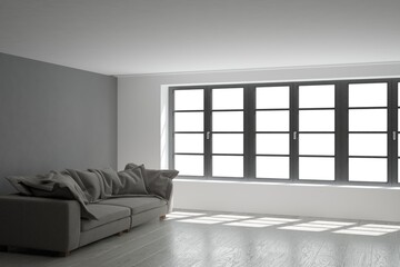 modern empty bright room with sofa and pillows on it interior design. 3D illustration