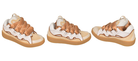 Stylish creamy color suede and leather sneakers, leather sports shoes, transparent background