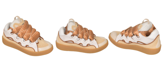 Stylish creamy color suede and leather sneakers, leather sports shoes, transparent background