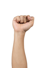 Close up of raised clenched fist isolated on white background.