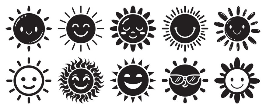 Silhouette sun face icon vector set with smile weather emotion and cartoon symbols