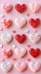 Various heart-shaped candies with sprinkles on pink background. Sweet dessert for Happy Valentine's Day greeting card. Celebration of love and affection.