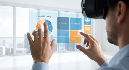 Businessman using virtual touchscreen and digital tablet