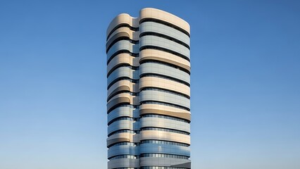 Modern highrise building with curved facade and blue sky background