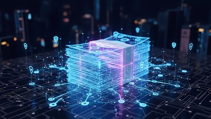 Secure digital money stack on a glowing circuit board representing modern financial technology