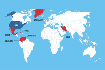 United States Map Highlighting Countries in Recent US Foreign Policy Disputes © Dimitrios