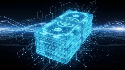 Digital dollar bills stack as a glowing wireframe, representing virtual money and blockchain technology.