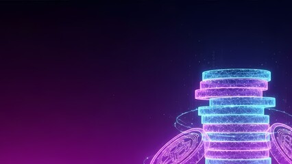 Stack of glowing wireframe digital coins with copy space, representing blockchain finance.