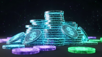 Stacks of glowing wireframe cryptocurrency coins with dollar signs on a dark digital background, symbolizing financial growth.
