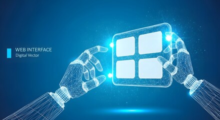 Two Robotic Hands Interacting with a Digital Tablet Interface Representing Futuristic Touchscreen Technology