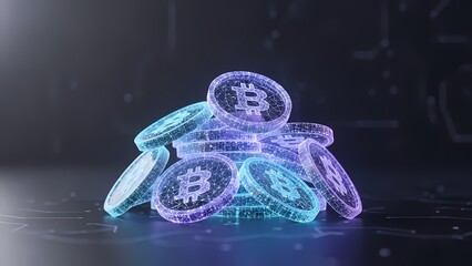 Pile of glowing wireframe bitcoin coins scattered on a dark digital surface, symbolizing cryptocurrency wealth and innovation.