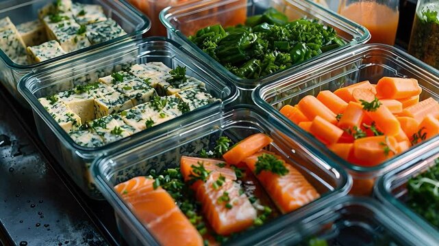 A hand is organizing meal prep containers filled with salmon, carrots, and greens on a kitchen counter. The action shows focused effort to prepare healthy meals ahead of time for convenience