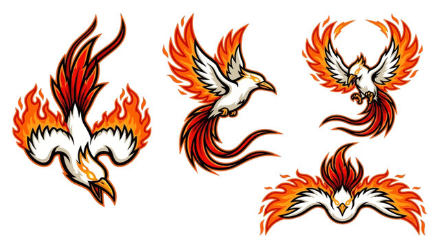 Set of Stylized Phoenix Mascot Logos with Flaming Wings and Tails for Esports Branding