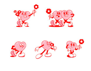 Classic animation-style comic character, Vintage cartoon, mascot character , love, Valentine&rsquo;s Day,Colorful Heart Character SVG, set	
