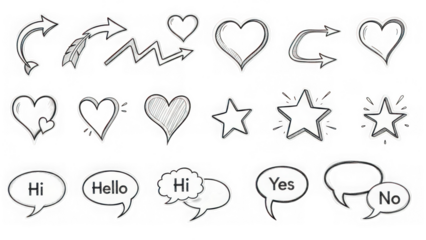 Hand-drawn icons collection isolated on transparent background