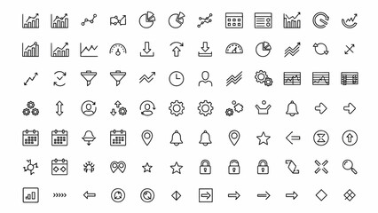 Clean line vector icon set for modern UI/UX design, web, and mobile apps, including elements for data, business, settings, and navigation interfaces