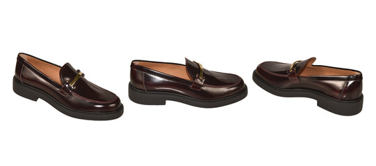 Set Of Elegant Men's A Brown leather loafer shoes, shiny surface, black sole, suitable for both formal and casual wear classic elegance shoes, transparent background, men's casual leather shoes.