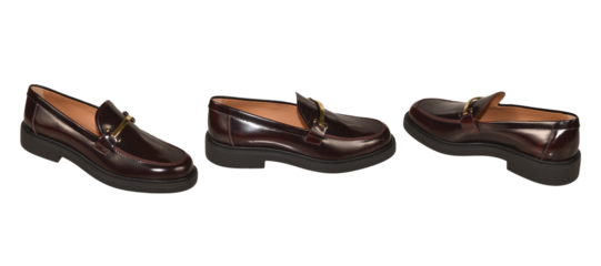 Set Of Elegant Men's A Brown leather loafer shoes, shiny surface, black sole, suitable for both formal and casual wear classic elegance shoes, transparent background, men's casual leather shoes.