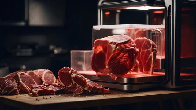 A person prepares meat in a kitchen using a machine for cutting. Various cuts of meat are placed on a wooden board while the machine processes. The kitchen is dimly lit