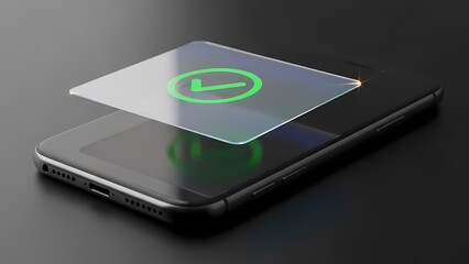 Black smartphone with a floating transparent square interface showing a bright green checkmark.