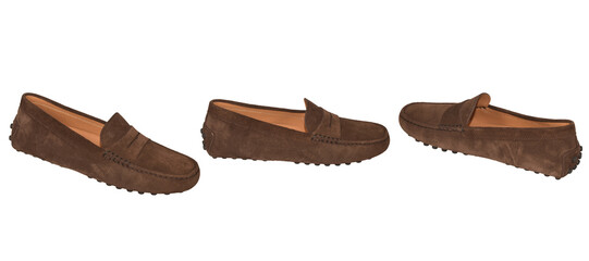 Set of stylish brown suede loafer, men's casual leather shoes, transparent background, Lightweight and flexible sneakers, ideal for casual and smart-casual outfits.