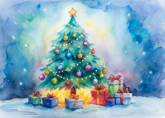 Obraz premium watercolor christmas tree with presents and gifts