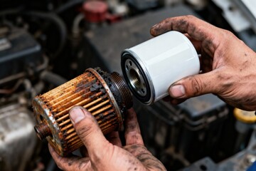 Comparison of old and new car oil filters in hands of mechanic.