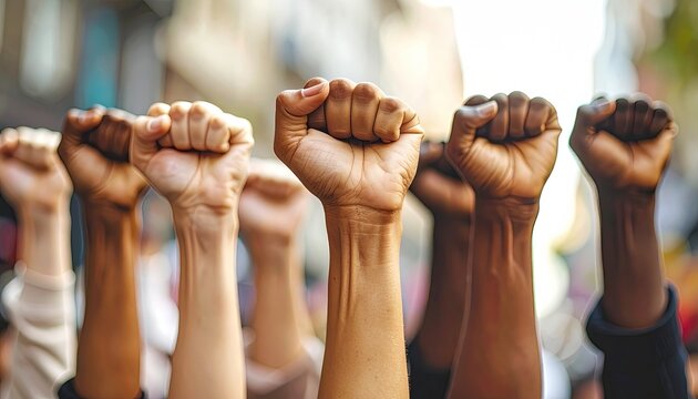 Close-up of diverse hands raised in clenched fists, conveying unity and protest