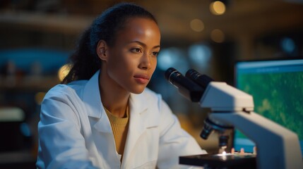 A scientist analyzing the density of algae-based energy pellets under a digital microscope, green-tinted granules displayed on a monitor as part of next-generation bioenergy research — microalgae
