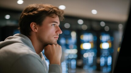 A network engineer monitoring a massive server room filled with blinking racks, the glowing cables representing the digital backbone of global connectivity — enterprise infrastructure, internet