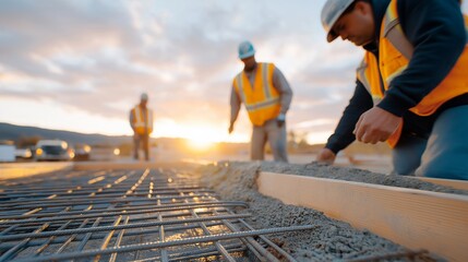 A construction team pouring concrete into a foundation mold while a supervisor checks load distribution markers, ensuring even settling across the reinforced rebar grid — construction quality