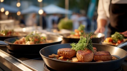 A gourmet food booth at a festival where chefs offer tasting samples, sizzling pans and aromatic spices drawing crowds toward the beautifully plated mini-dishes — culinary attraction, chef demo
