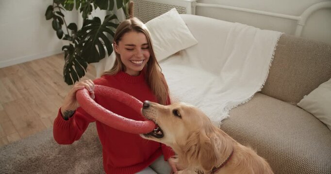 Happy young woman playing tug of war with her dog at home