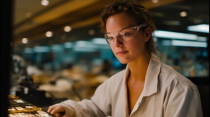 A scientist working inside a shielded research chamber, using robotic tools through thick glass to handle materials while radiation meters display real-time readings — controlled-lab environment,