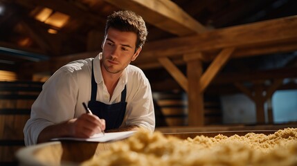 A distillery master gauging the aroma of fermenting grains inside massive wooden vats, handwritten notes tracking the evolving flavor profile — whiskey fermentation, heritage distillation, and