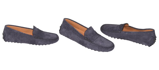 Set of stylish navy suede loafer, men's casual leather shoes, transparent background, Lightweight and flexible sneakers, ideal for casual and smart-casual outfits.