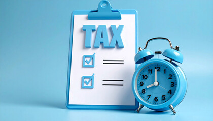 Blue alarm clock and clipboard with tax checklist. Urgent deadline for filing taxes. Time to prepare financial documents and pay bills. Important tax season concept