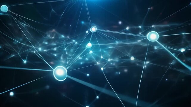 Abstract Network of Glowing Blue Nodes Connected by Thin Lines on a Dark Background connection technology