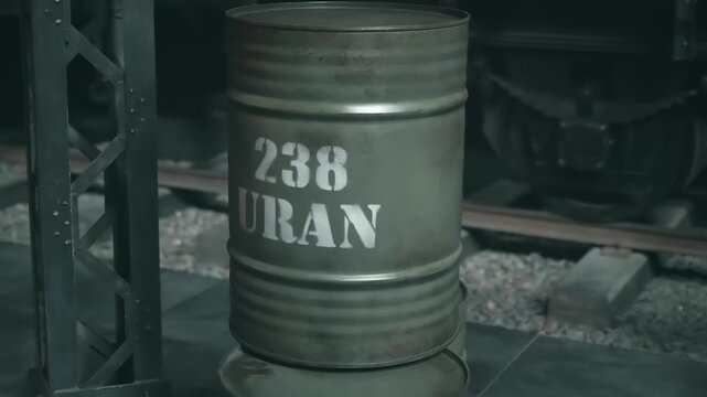In the semi-darkness, old-style freight cars are filled with green barrels of uranium 238. Shot in motion
