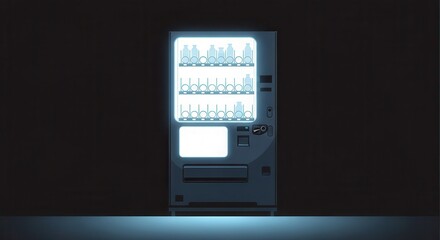 Illuminated automated dispensing machine stands starkly against a dark background