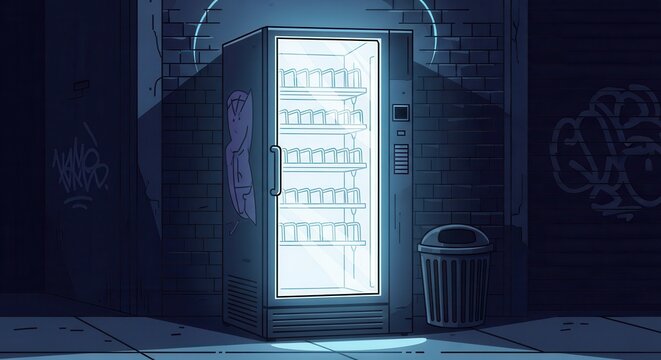 Illuminated vending machine stands in a dark urban alleyway at night - Powered by Adobe